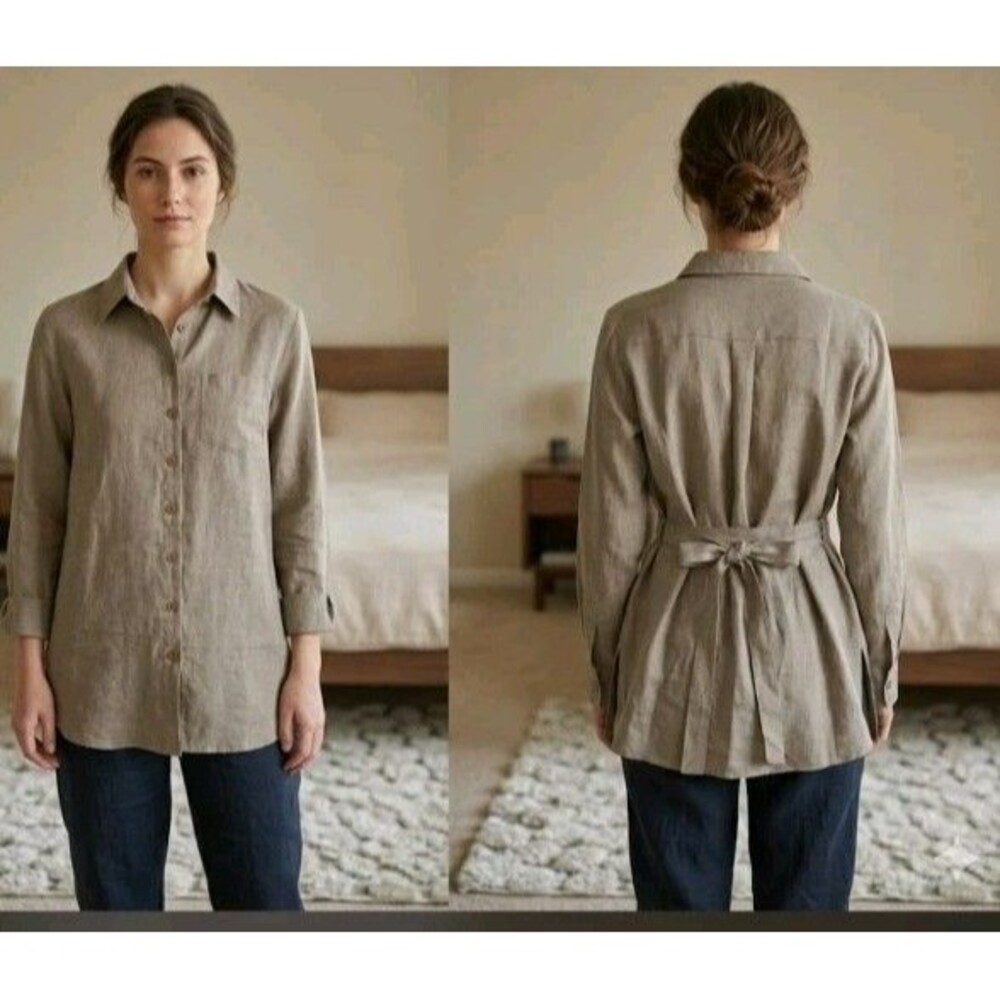 NewMan Linen Shirt Size 4 US S Button Ties In Back Brown Front Pocket Collar